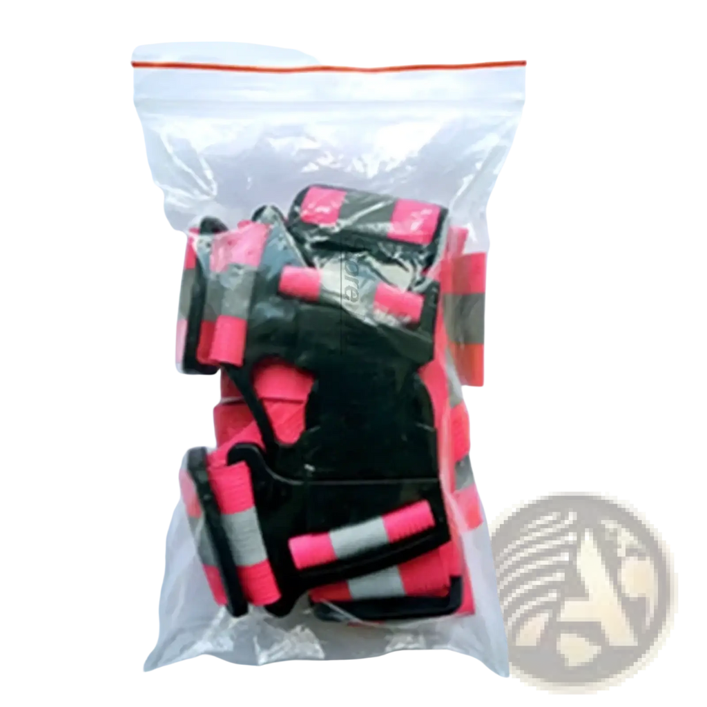 Reflective motorcycle safety vest adjustable gear with pink and black reflective straps and gray reflective strips in clear bag