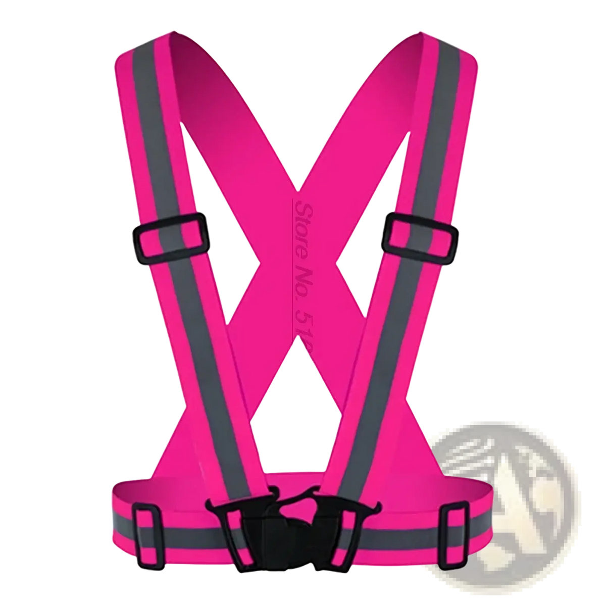 Bright pink reflective motorcycle safety vest with gray stripes and black buckles adjustable for secure fit