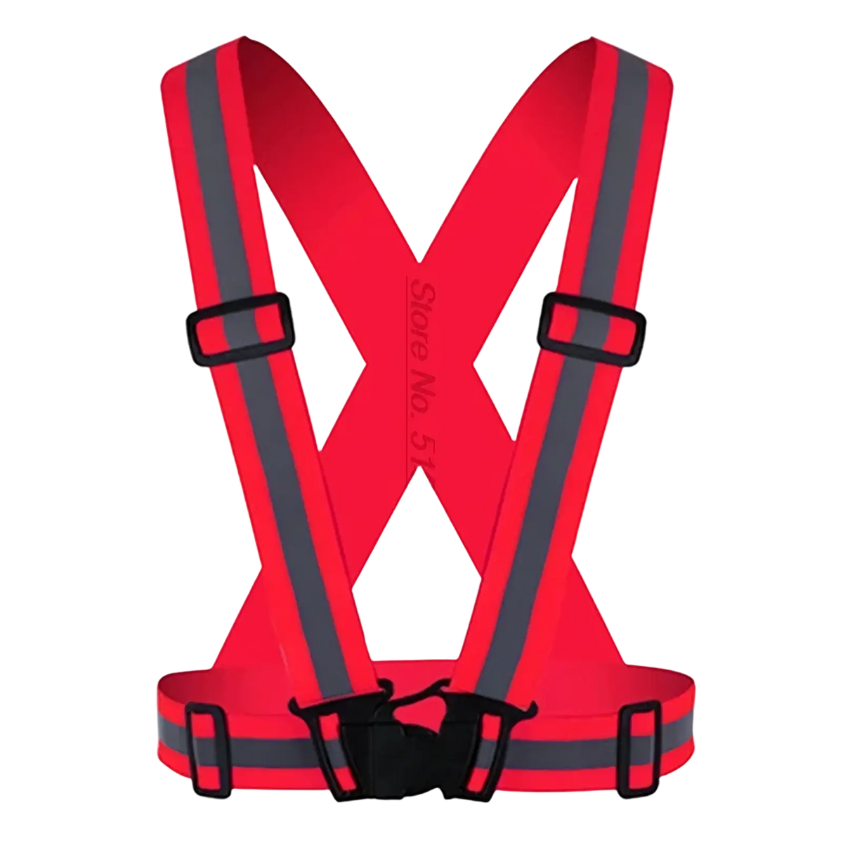 Reflective motorcycle safety vest in red with gray stripes and black buckles front side adjustable gear