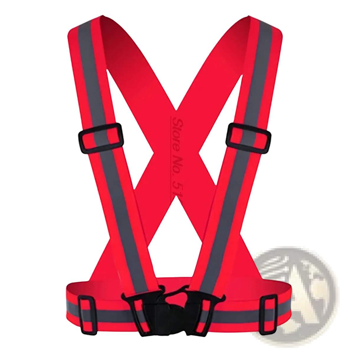 Reflective motorcycle safety vest in red with gray stripes and black buckles front side adjustable gear