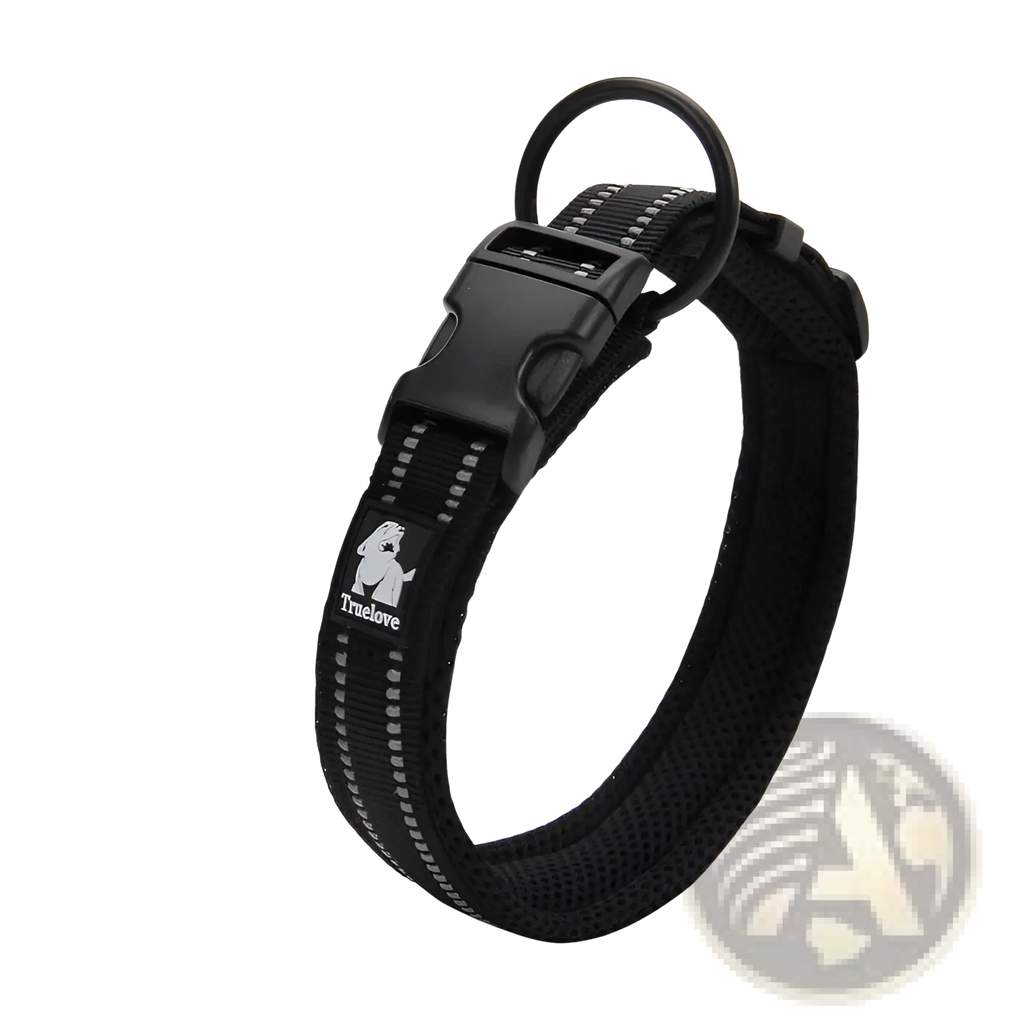 Black truelove reflective padded mesh dog collar medium with silver stripes and sturdy plastic buckle