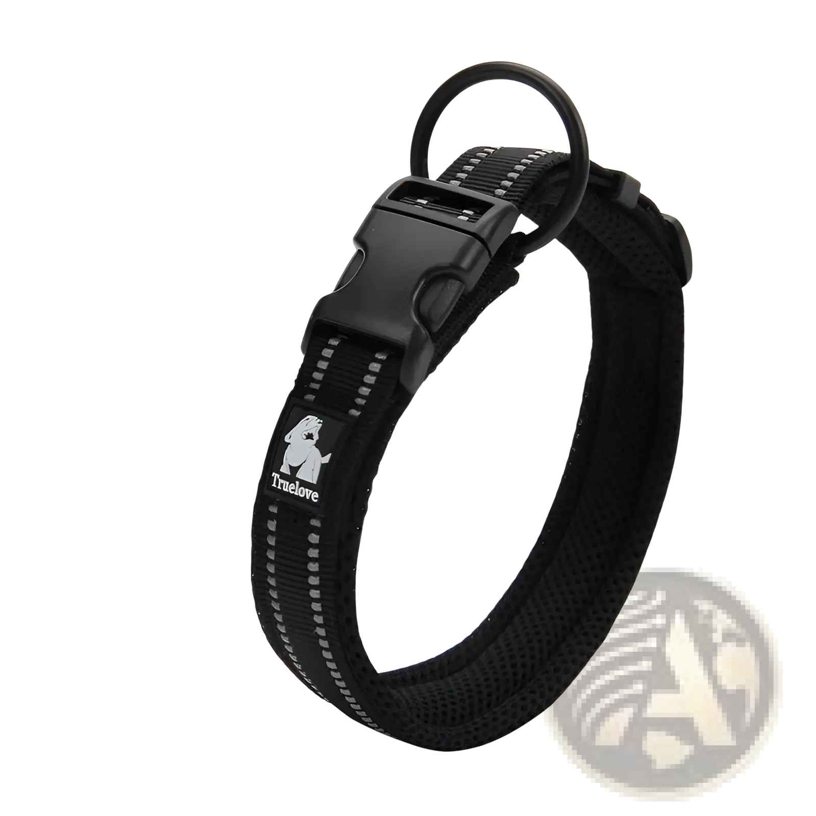 Black truelove reflective padded mesh dog collar medium with silver stripes and sturdy plastic buckle