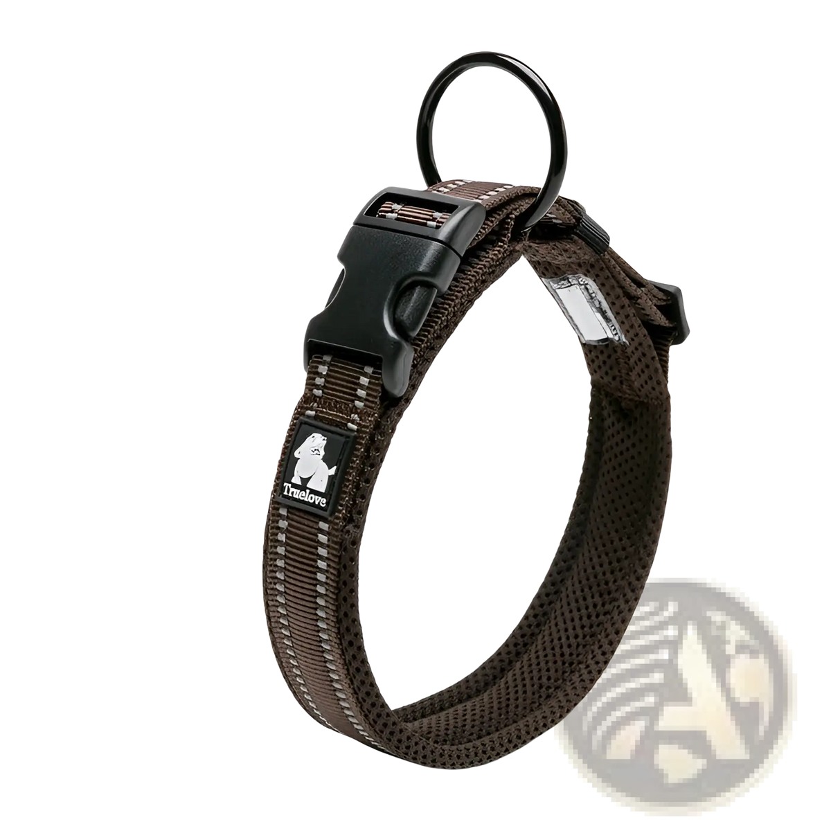 Reflective padded mesh dog collar medium in brown with black buckle d-ring and reflective stitching for visibility