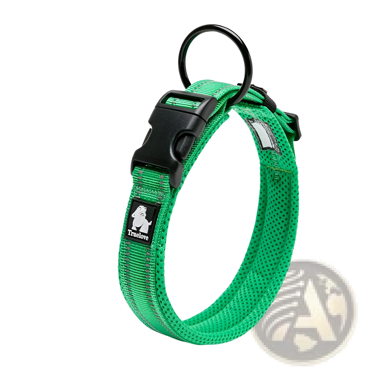 Reflective padded mesh dog collar medium in bright green with black buckle ring and truelove brand patch