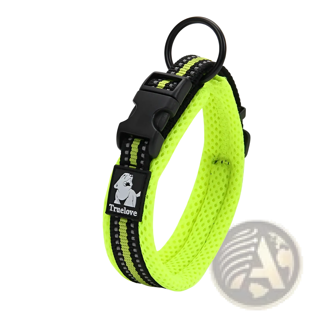 Reflective padded mesh dog collar medium in bright neon green with black reflective stripes and truelove logo
