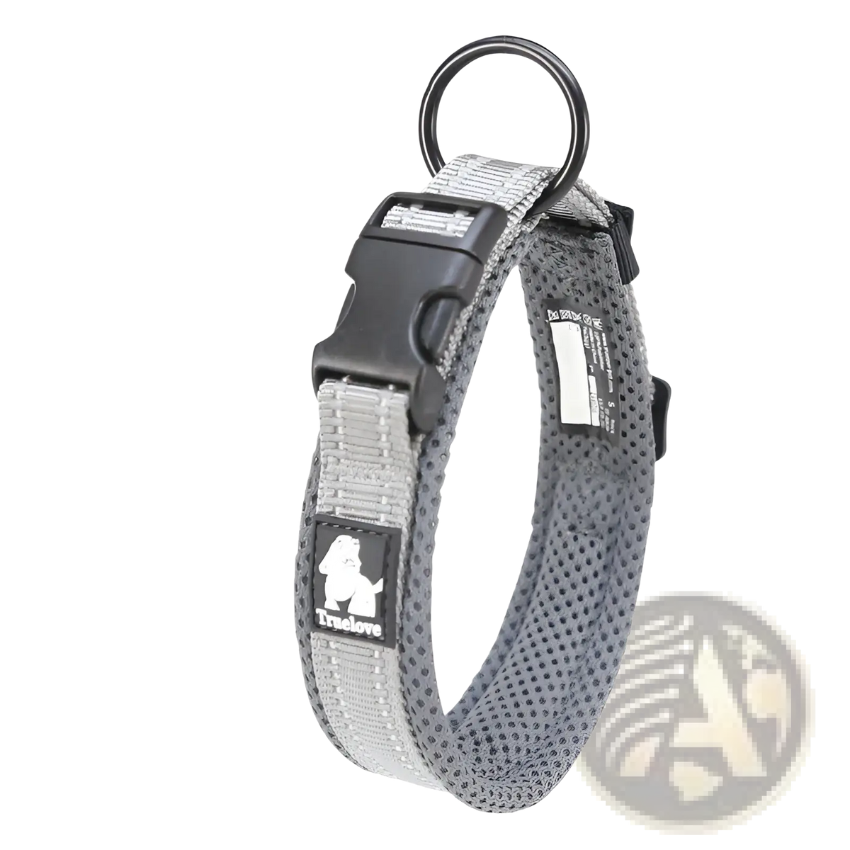 Reflective padded mesh dog collar medium gray with black plastic buckle and small white logo patch