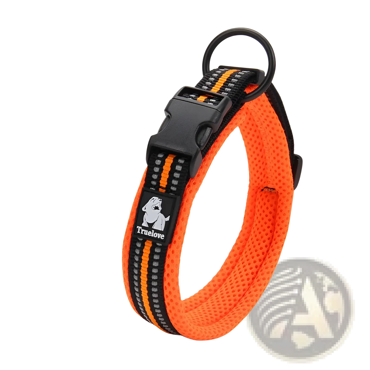 Bright orange reflective padded mesh dog collar medium with black buckle and truelove brand logo patch