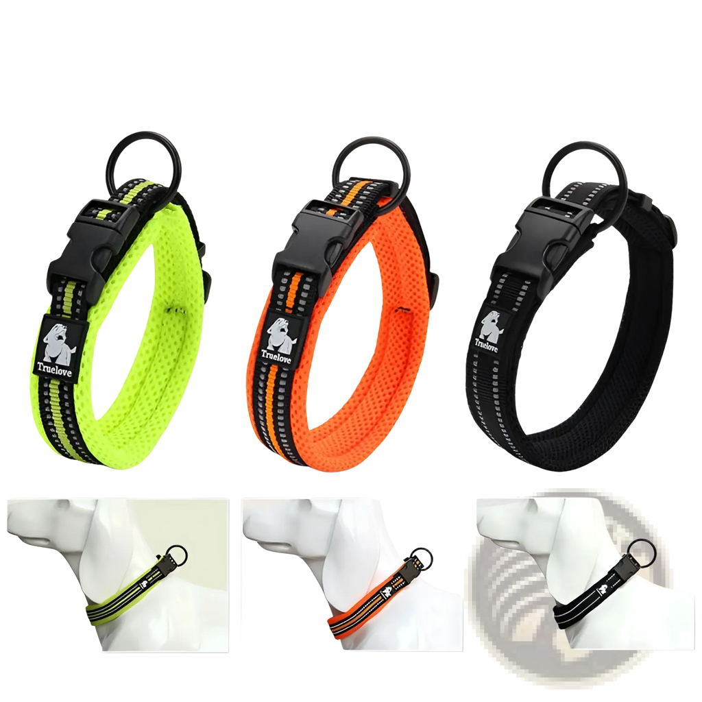 Reflective padded mesh dog collar medium in bright neon green orange and black with adjustable plastic buckles