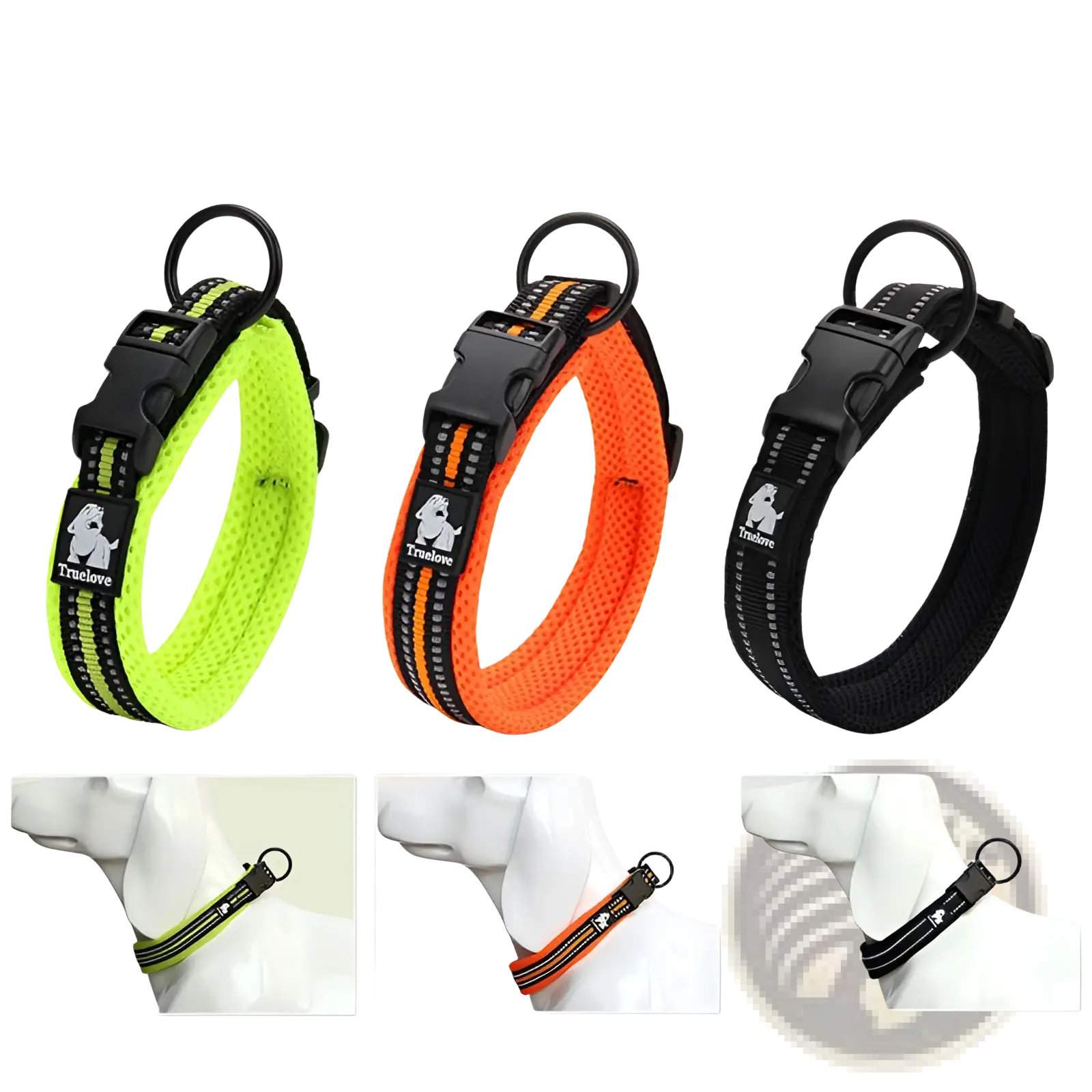 Reflective padded mesh dog collar medium in bright neon green orange and black with adjustable plastic buckles