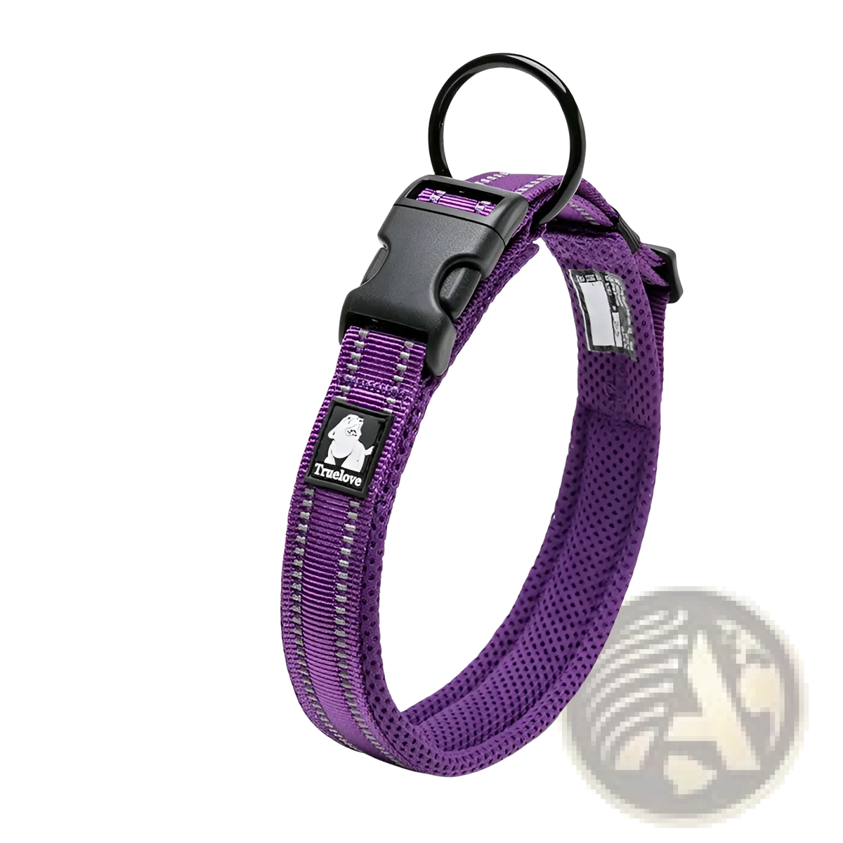 Purple truelove reflective padded mesh dog collar medium with black plastic buckle and reflective stitching visible