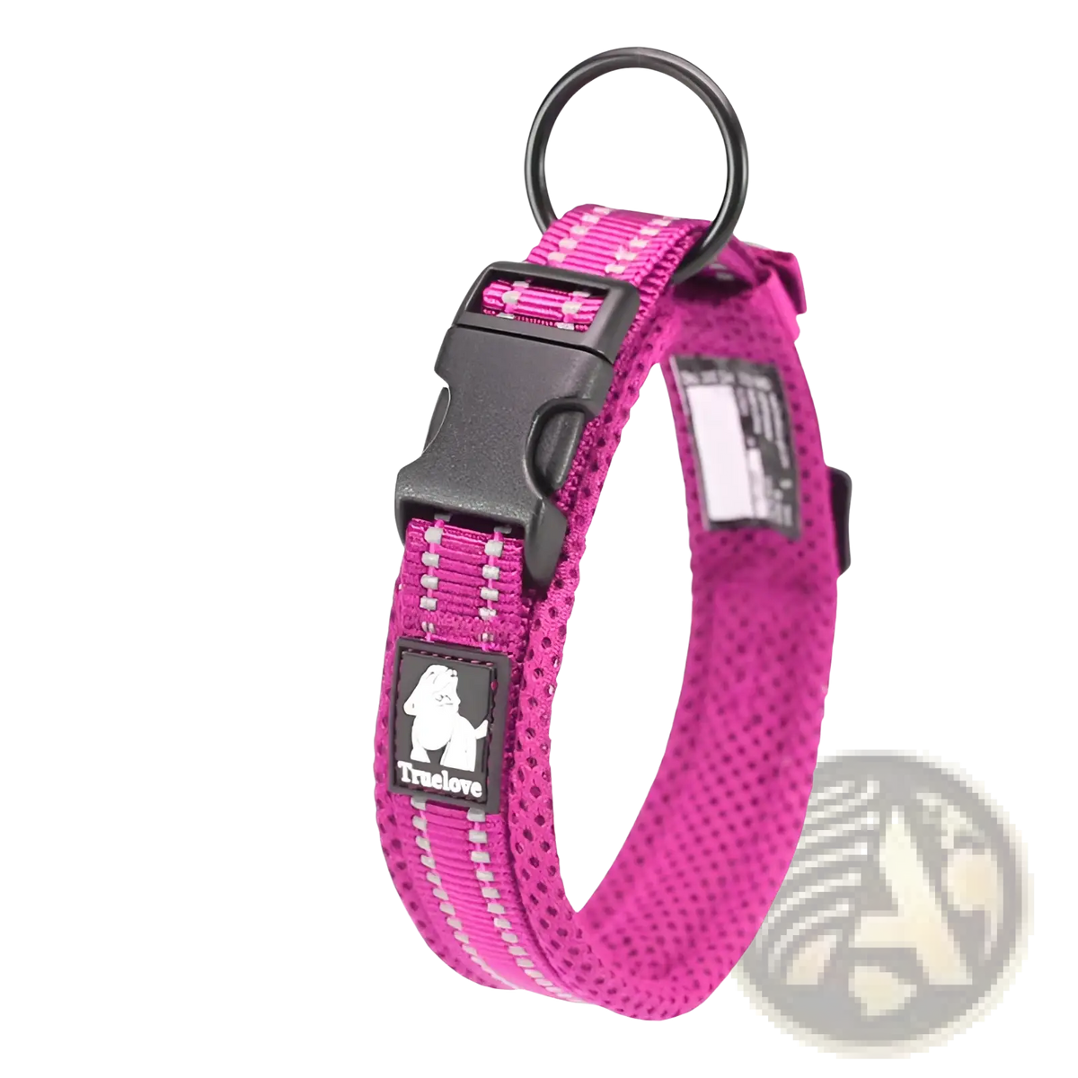 Bright pink reflective padded mesh dog collar medium with white stitching black plastic buckle and truelove logo