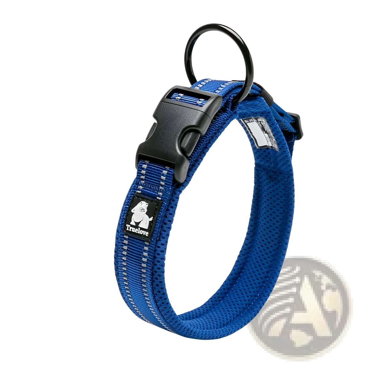 Blue truelove reflective padded mesh dog collar medium with black plastic buckle and reflective stitching