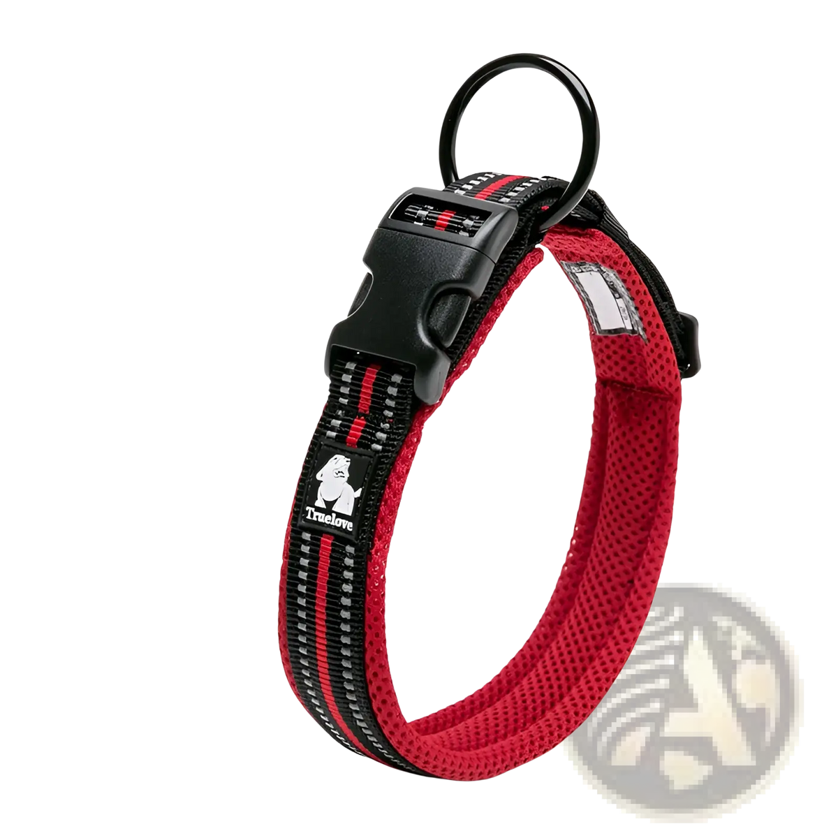 Reflective padded mesh dog collar medium in red and black with reflective stripes, plastic buckle, and metal d-ring
