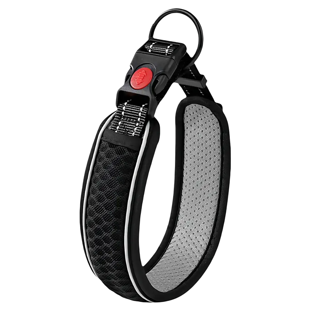 Black and gray mesh reflective pet dog collar with red button buckle adjustable for walking safety