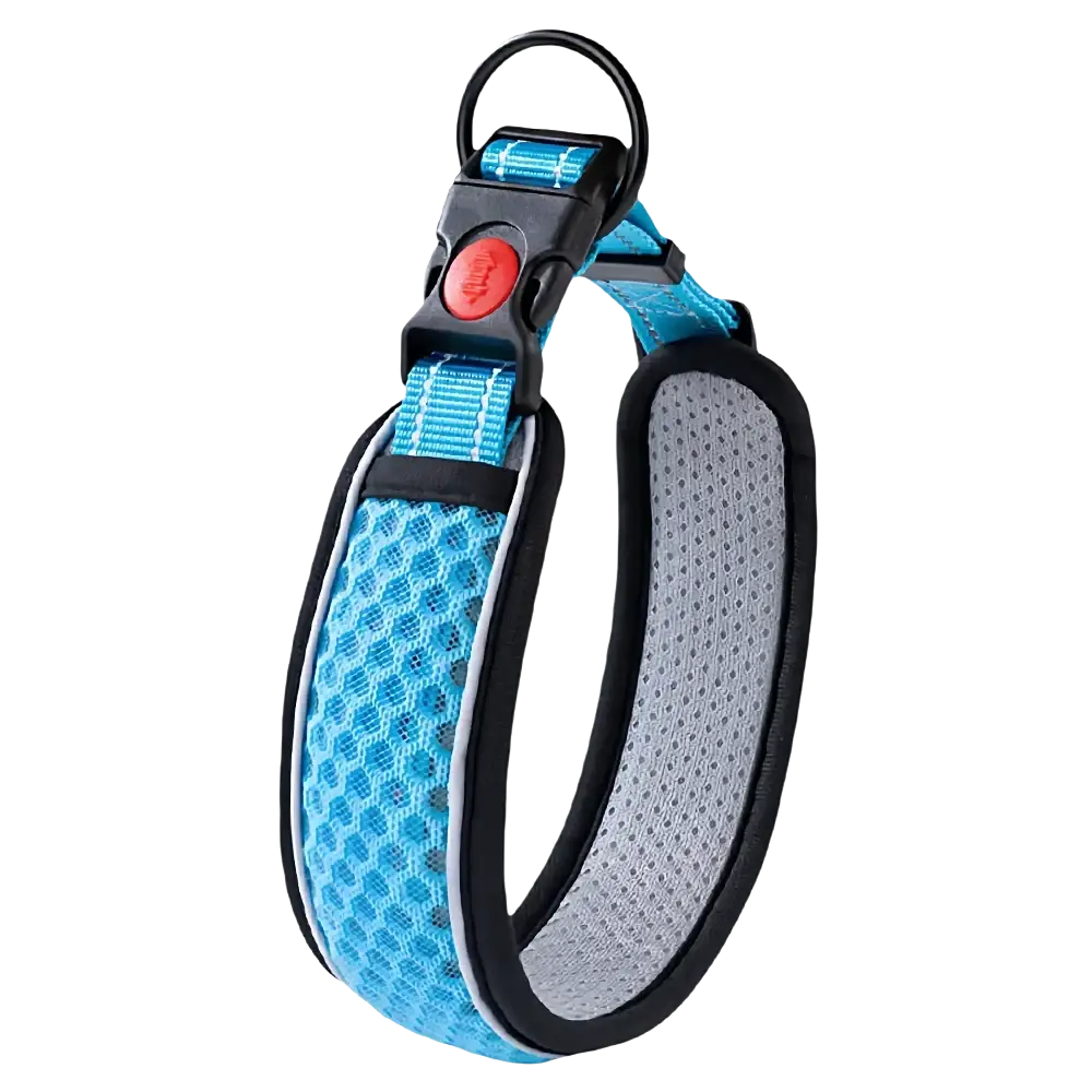 Blue and gray mesh reflective pet dog collar with black trim and red button buckle for adjustable walking strap