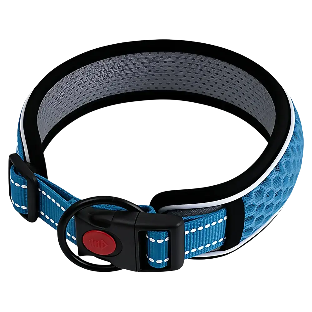 Reflective pet dog collar in blue woven fabric with black gray accents and reflective mesh interior for walking safety