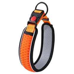 Bright orange reflective pet dog collar with black and gray mesh accents adjustable walking strap