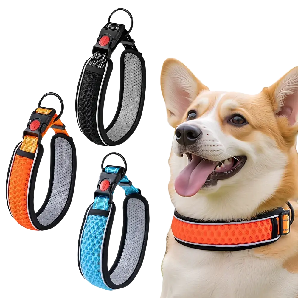 Bright orange reflective pet dog collar with black trim and textured mesh design for adjustable walking use