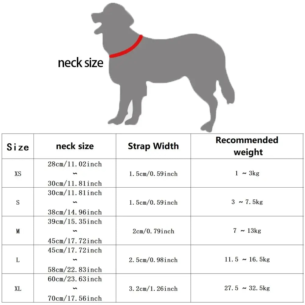 Red reflective pet dog collar adjustable walking strap shown on silhouette with size and weight recommendations