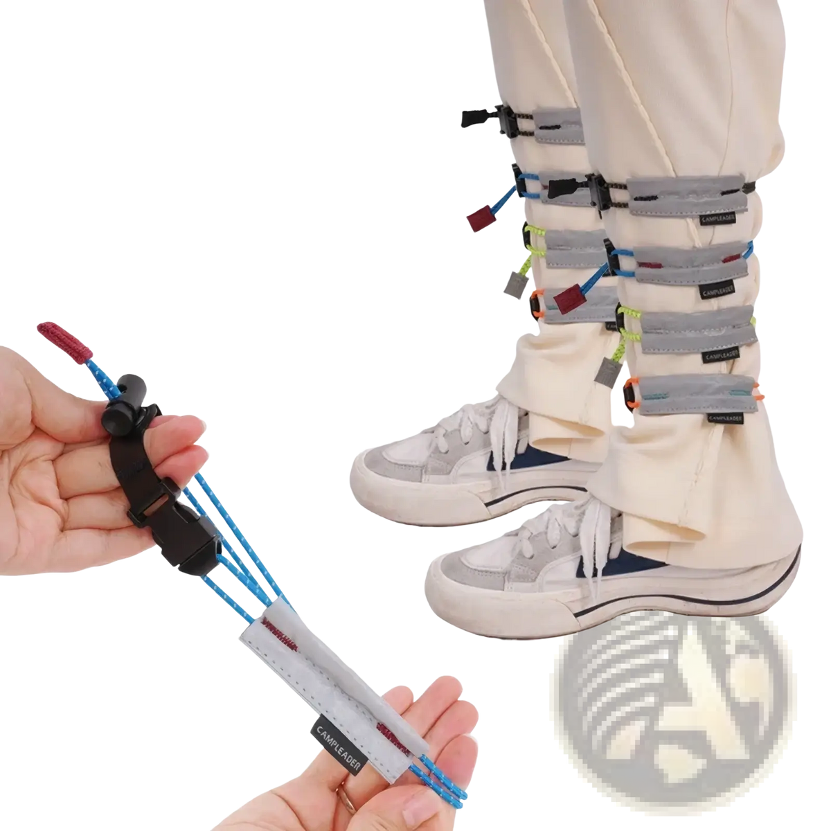 Reflective safety bands adjustable arm ankle straps with gray and blue foot straps and black plastic buckles for securing footwear