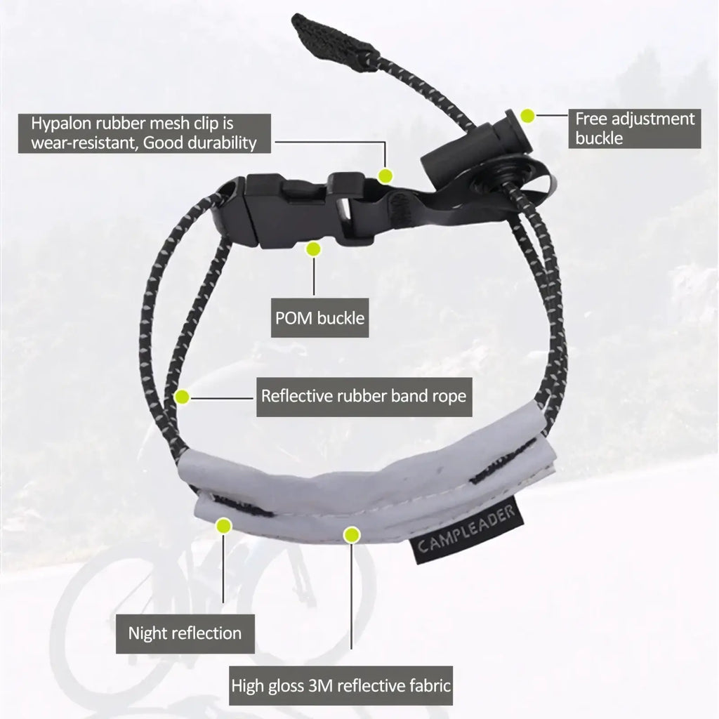 Reflective safety band with gray reflective fabric headband, black hypalon rubber mesh clip, and pom buckle for adjustable use
