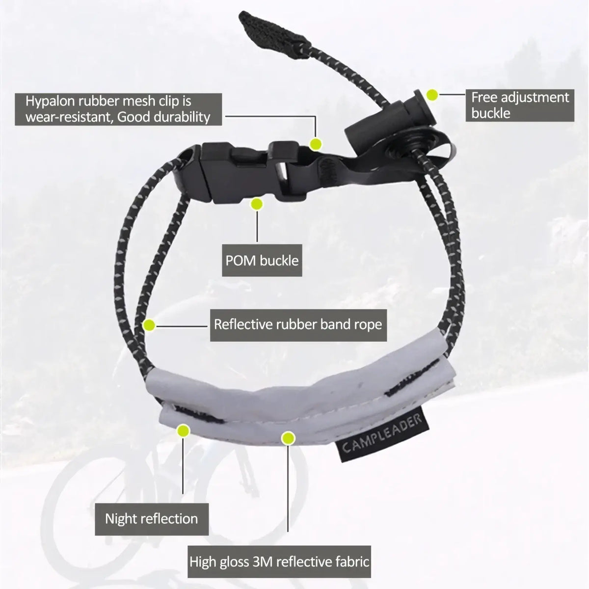 Reflective safety band with gray reflective fabric headband, black hypalon rubber mesh clip, and pom buckle for adjustable use