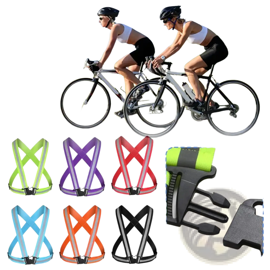 Reflective safety vests for running and cycling in neon green purple red blue orange and black with silver reflective strips