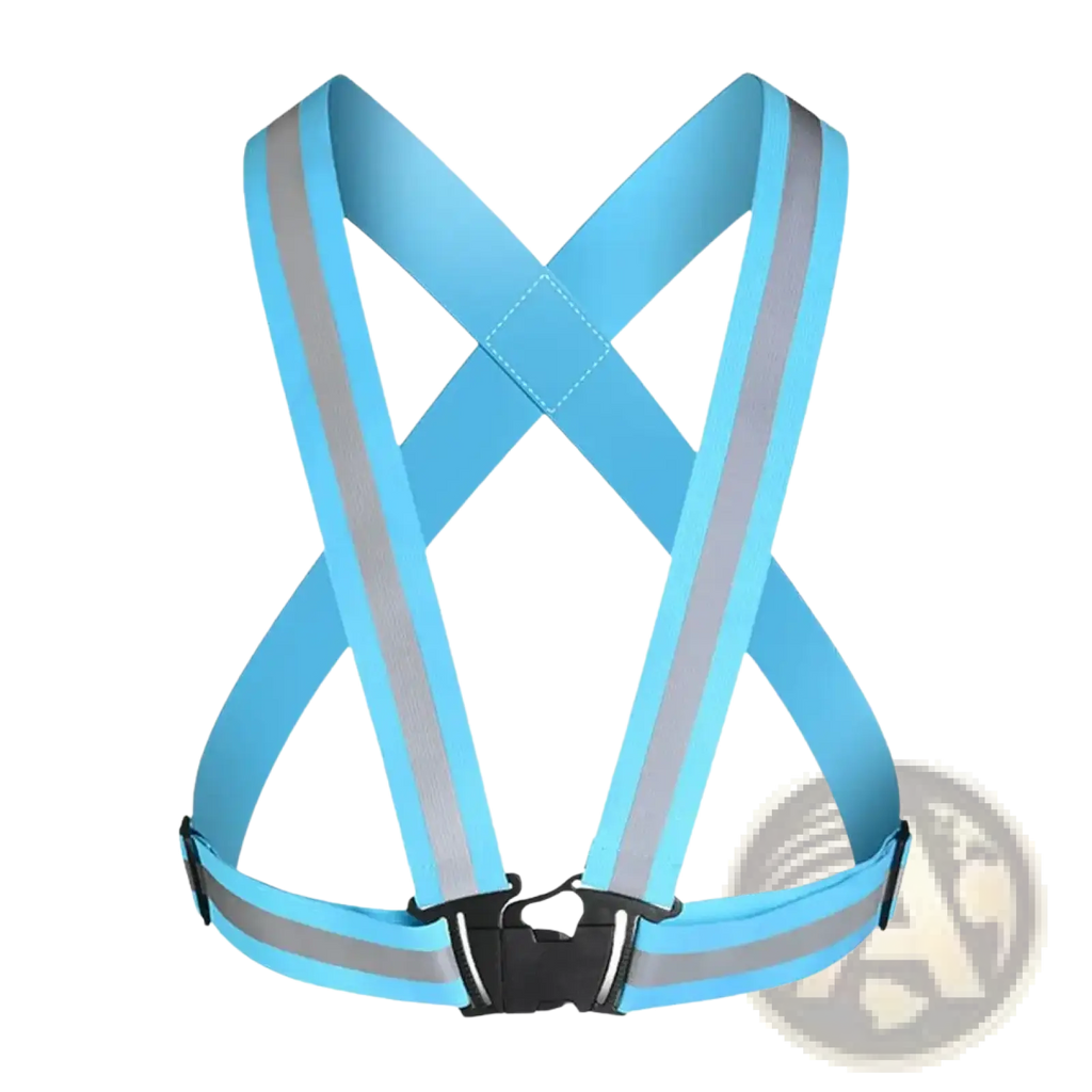 Light blue reflective safety vest with gray stripes and black buckle designed for running and cycling visibility