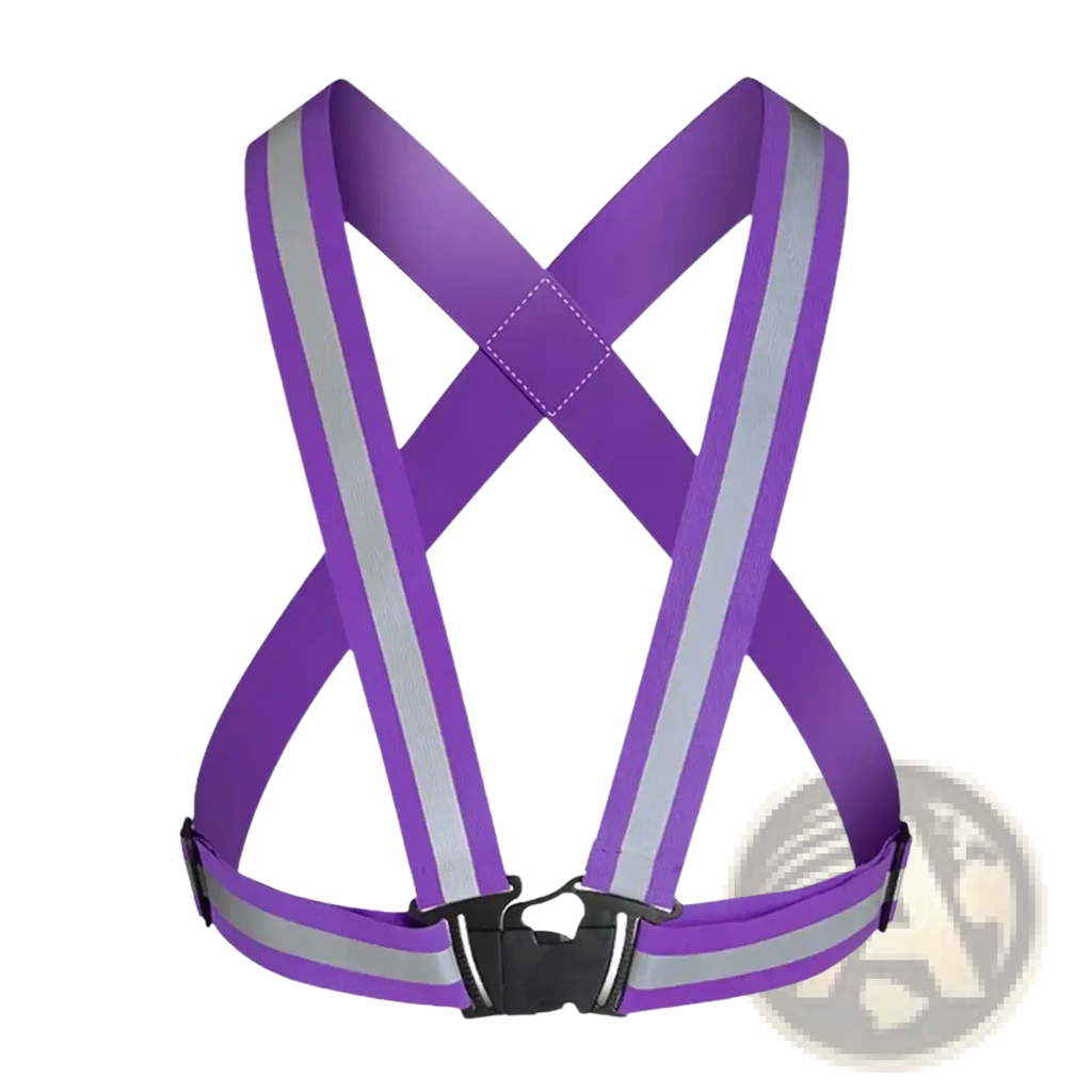 Purple reflective safety harness with silver stripes and black buckle designed for running and cycling protection