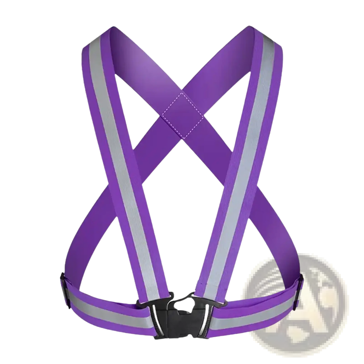 Purple reflective safety harness with silver stripes and black buckle designed for running and cycling protection