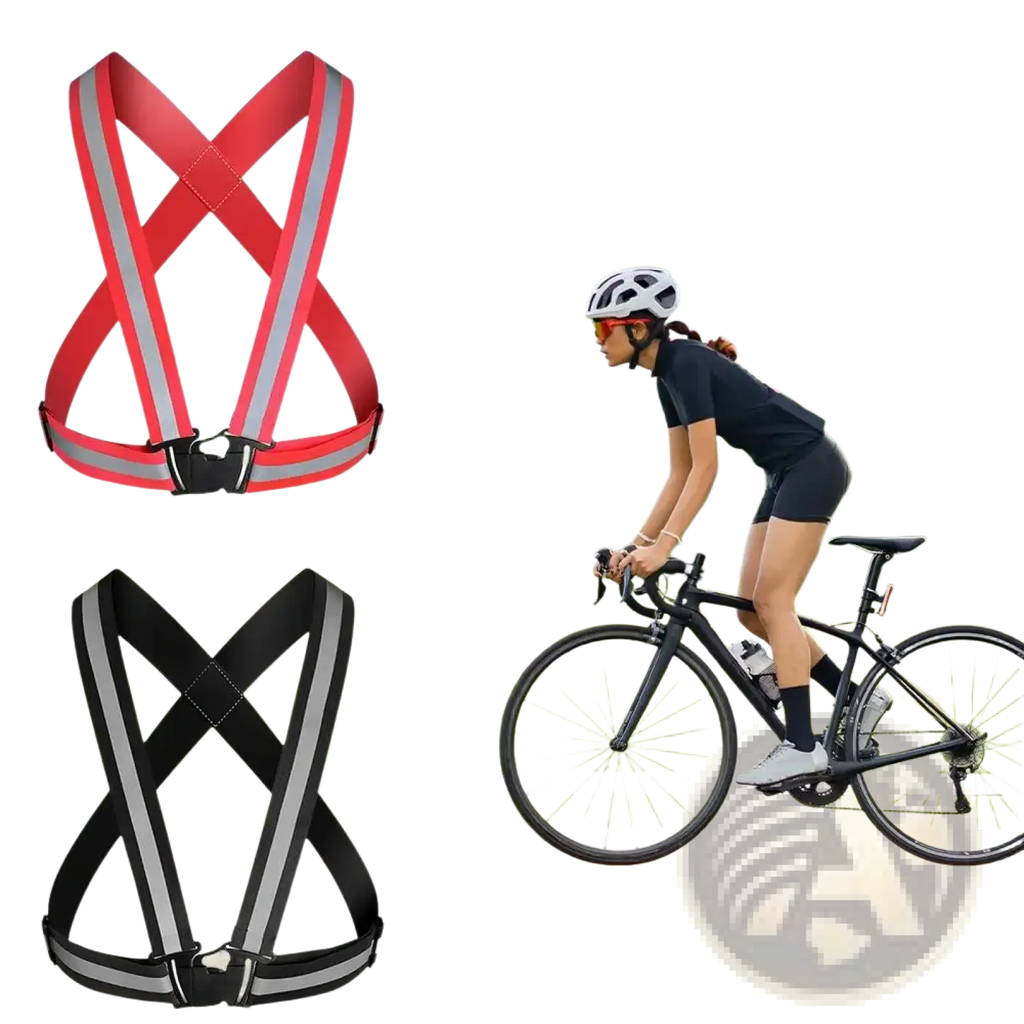 Reflective safety vest for running and cycling with red and black harness straps featuring silver reflective strips