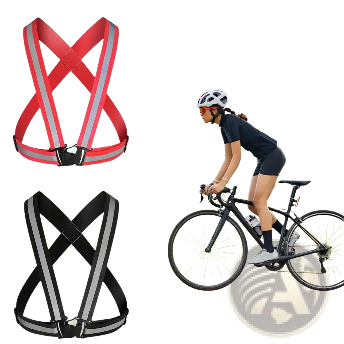 Reflective safety vest for running and cycling with red and black harness straps featuring silver reflective strips