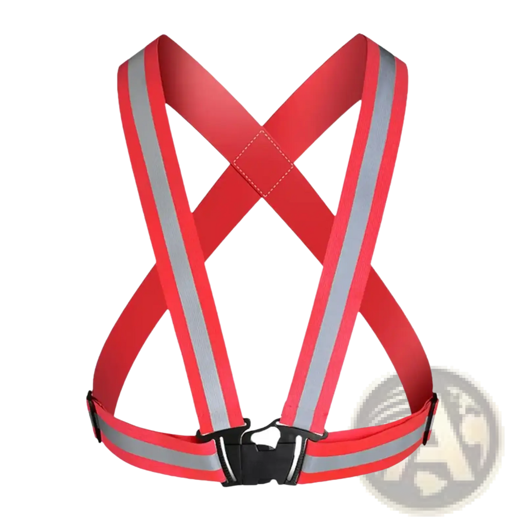 Reflective safety vest in red with silver stripes and black buckle designed for running and cycling visibility