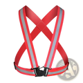 Reflective safety vest in red with silver stripes and black buckle designed for running and cycling visibility