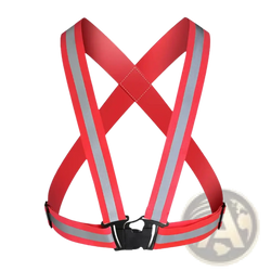 Reflective safety vest in red with silver stripes and black buckle designed for running and cycling visibility