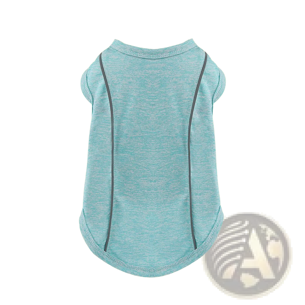 A light blue heathered reflective small dog shirt sleeveless pet apparel with dark gray trim on neckline and sides