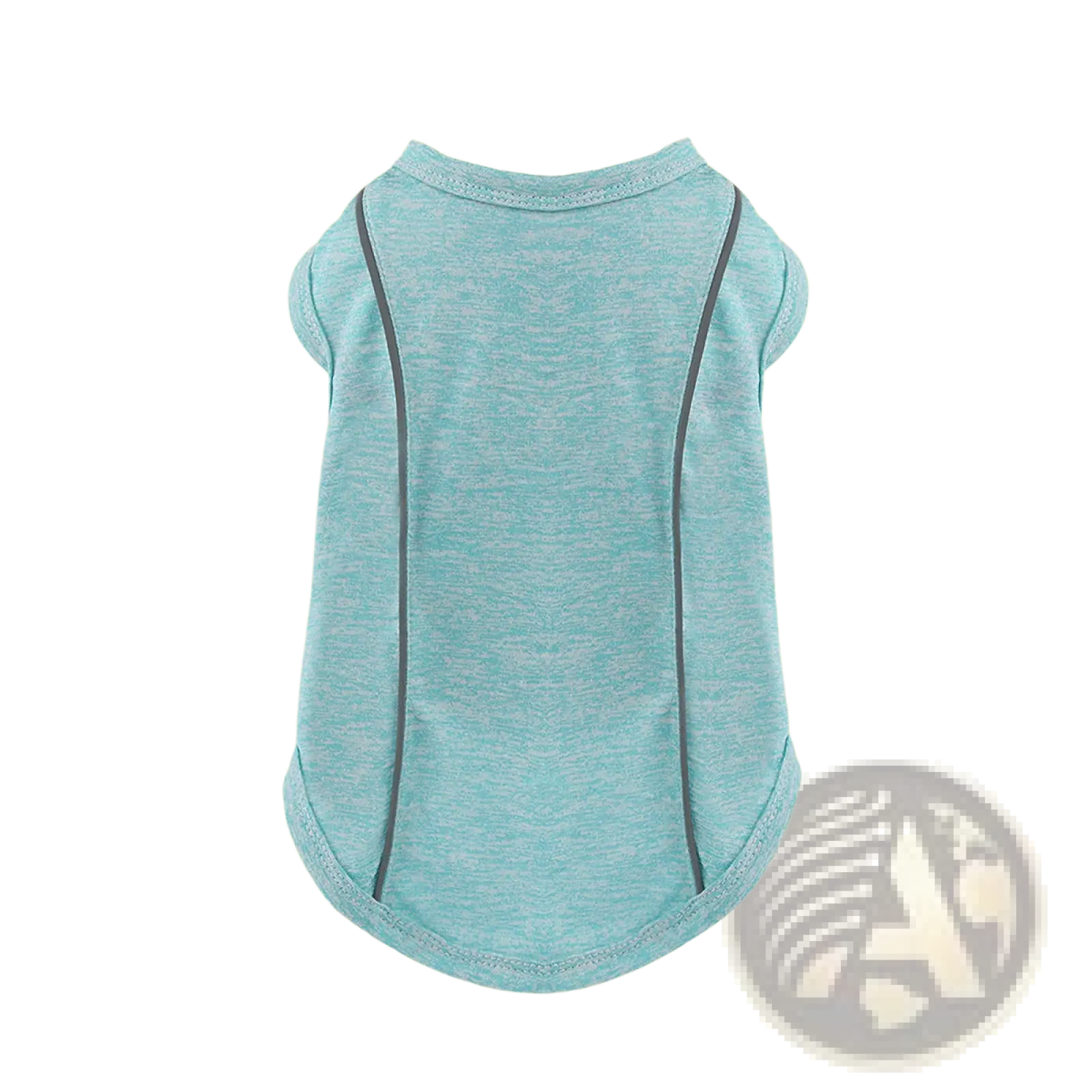 A light blue heathered reflective small dog shirt sleeveless pet apparel with dark gray trim on neckline and sides