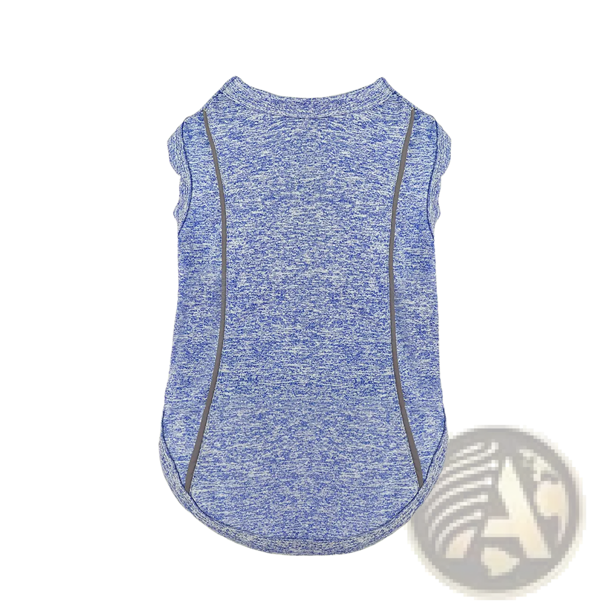 Blue and white heathered sleeveless small dog shirt with gray trim reflective pet apparel for safety and comfort
