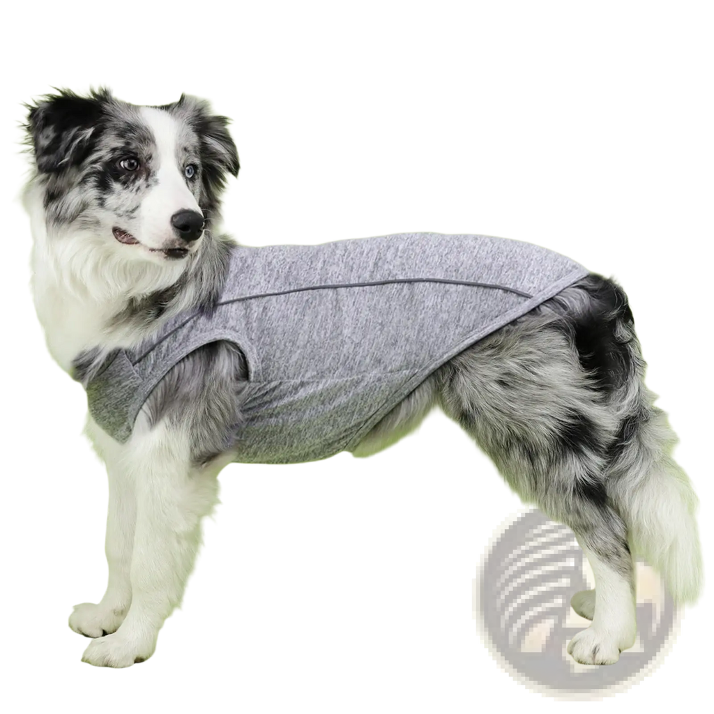 Gray heathered sleeveless small dog sweater with subtle stitching designed as reflective pet apparel for safety