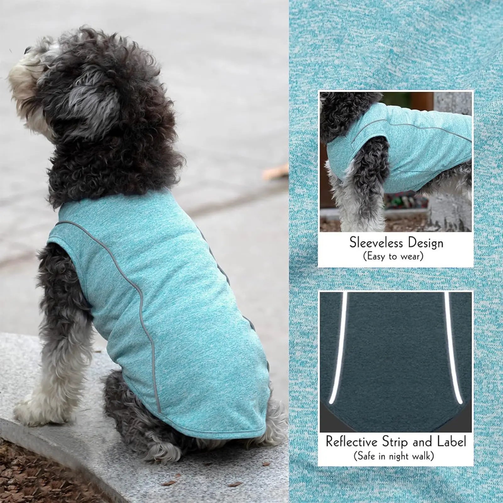 A light blue sleeveless small dog vest with gray reflective strips for safety during night walks