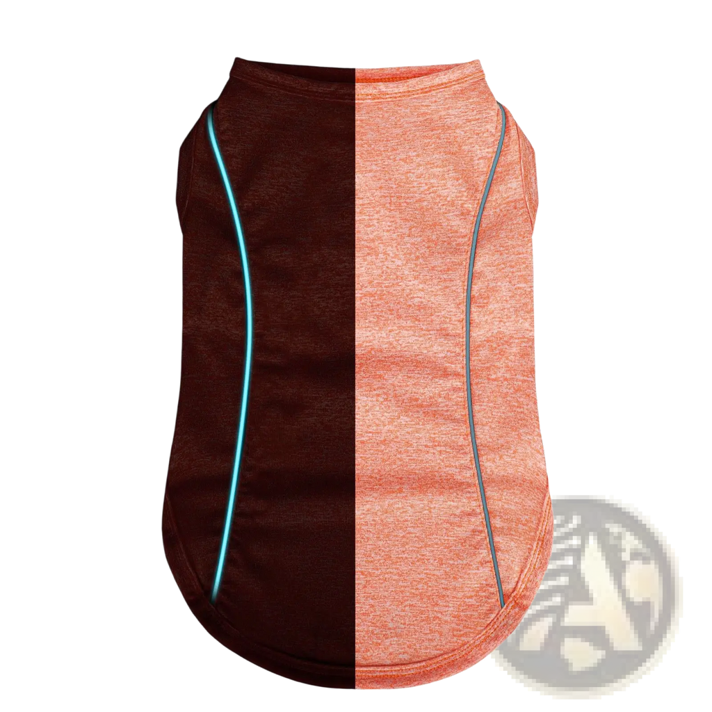 Reflective small dog shirt sleeveless pet apparel in orange heathered fabric with reflective blue trim for nighttime visibility