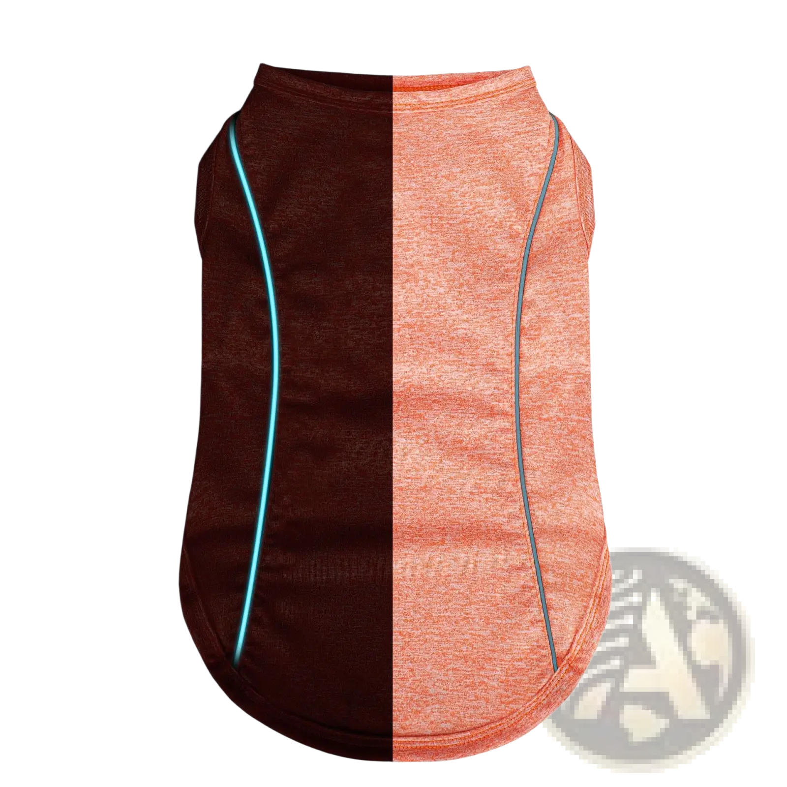 Reflective small dog shirt sleeveless pet apparel in orange heathered fabric with reflective blue trim for nighttime visibility