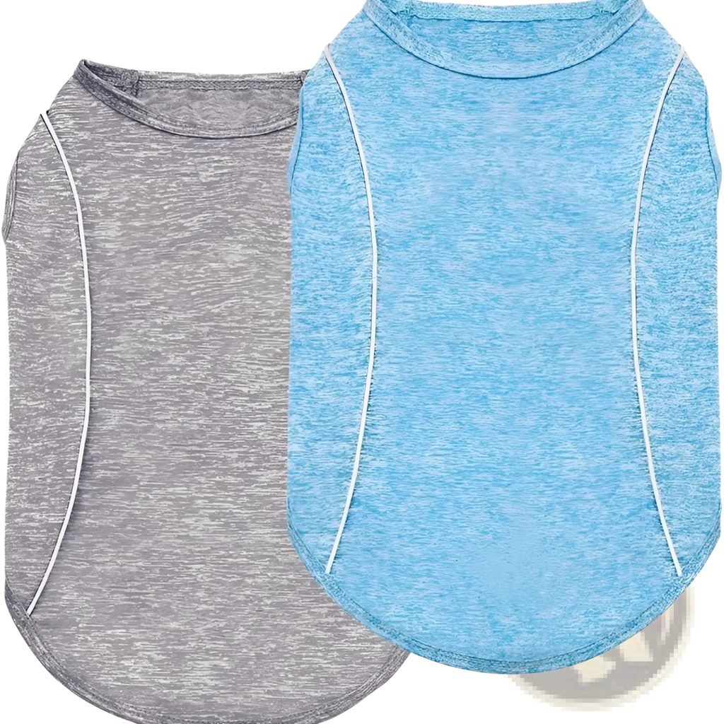 Reflective small dog shirt sleeveless pet apparel in soft heathered gray and light blue with white side piping