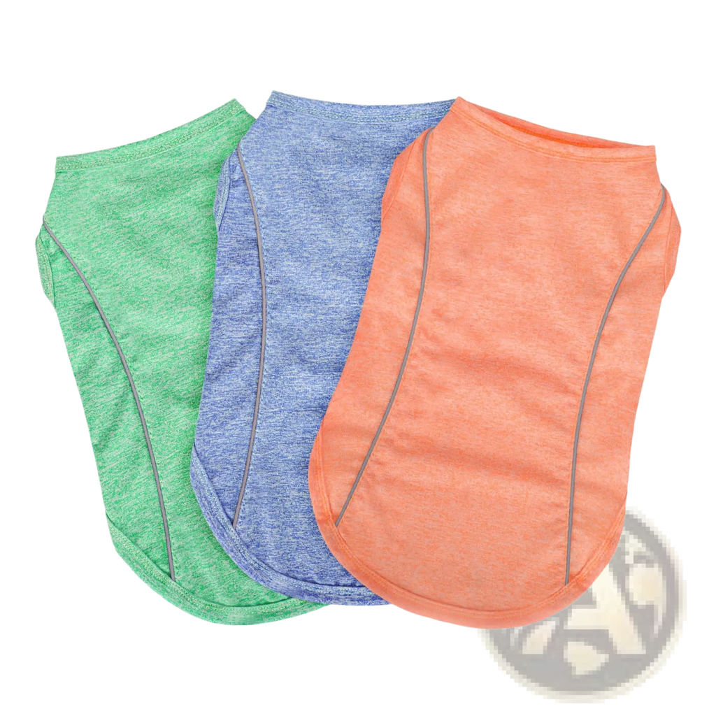 Three reflective small dog sleeveless shirts in green blue and orange with gray trim for pet apparel