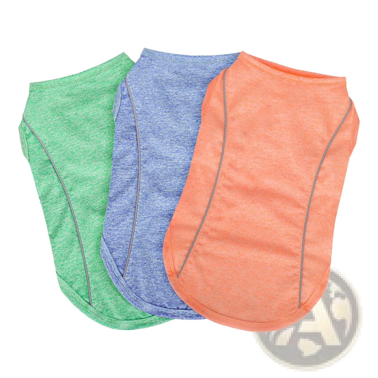 Three reflective small dog sleeveless shirts in green blue and orange with gray trim for pet apparel