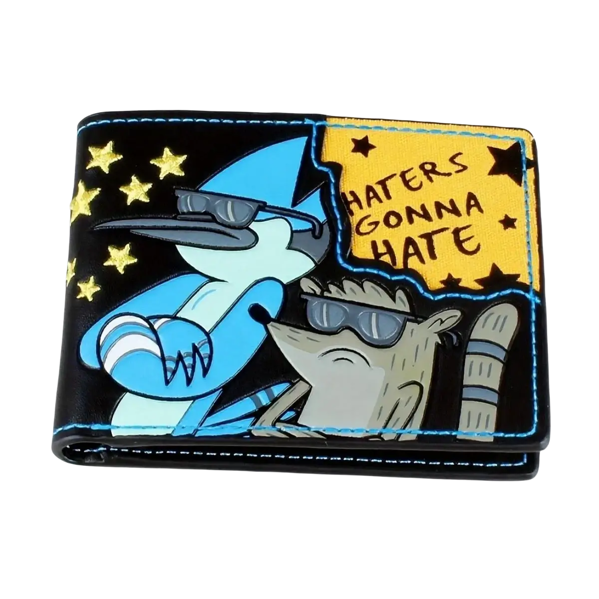 Black leather wallet featuring colorful regular show characters and haters gonna hate yellow patch design