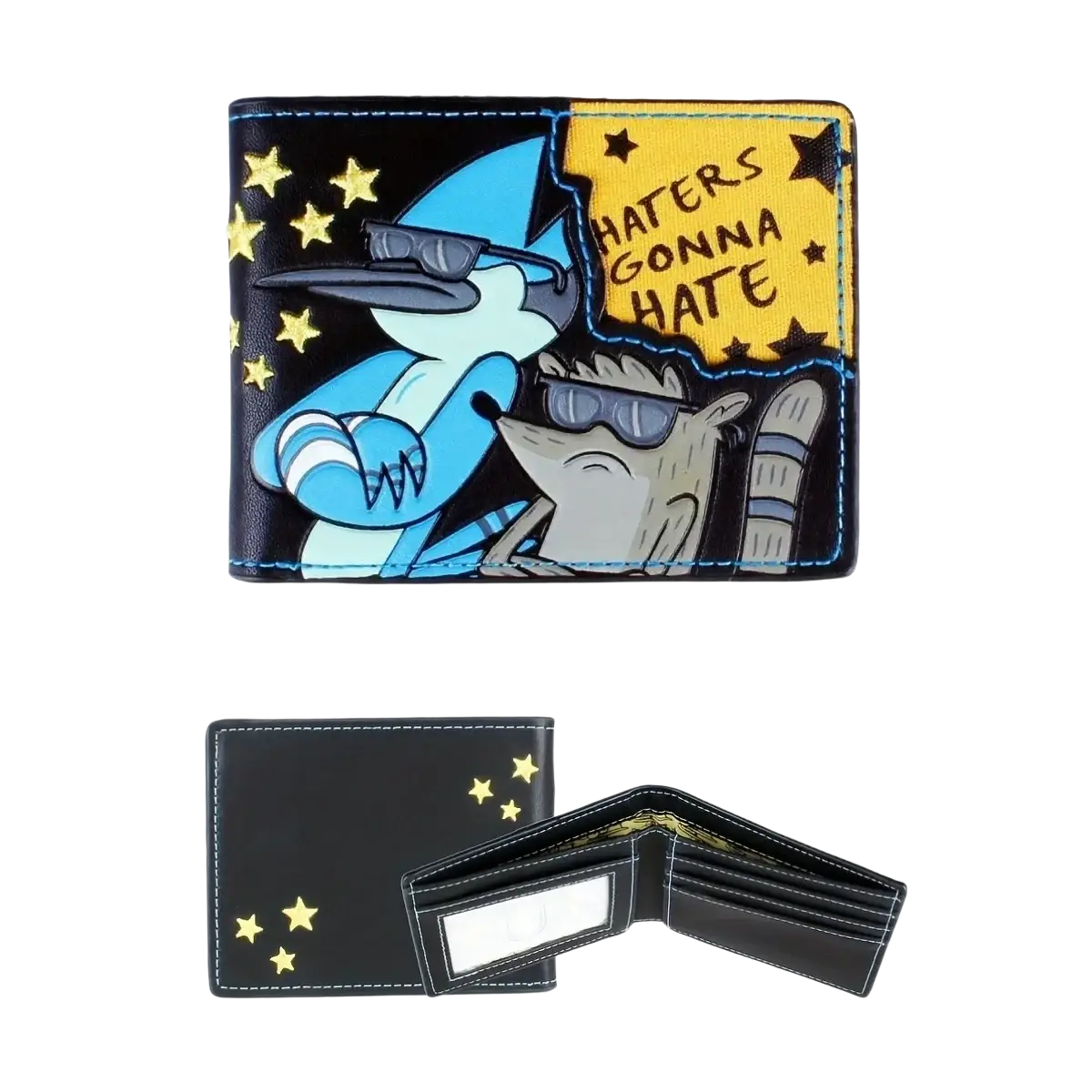 Black leather bi fold wallet featuring regular show characters with haters gonna hate text on yellow background and gold stars
