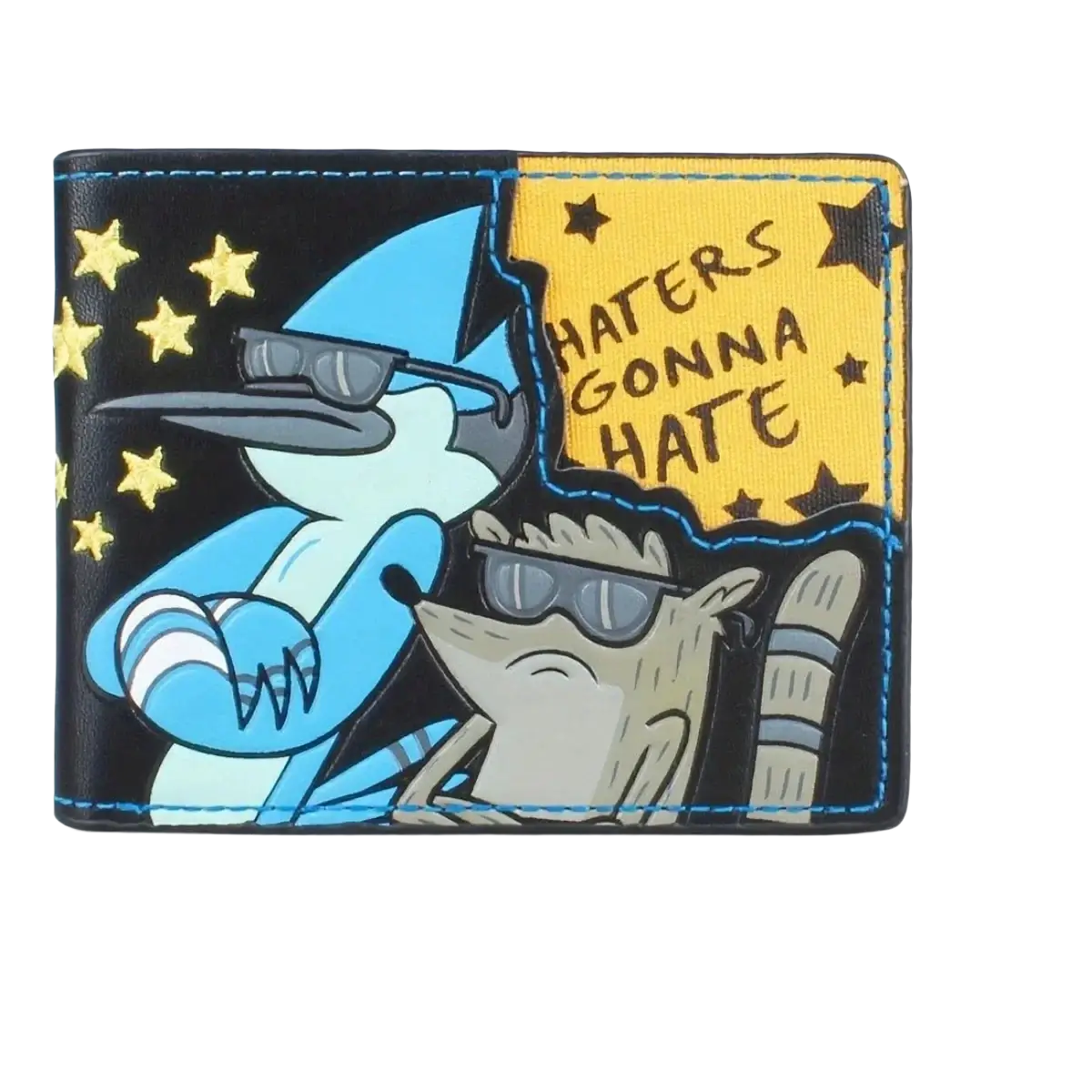 Black leather regular show wallet with blue and yellow cartoon characters and haters gonna hate text panel
