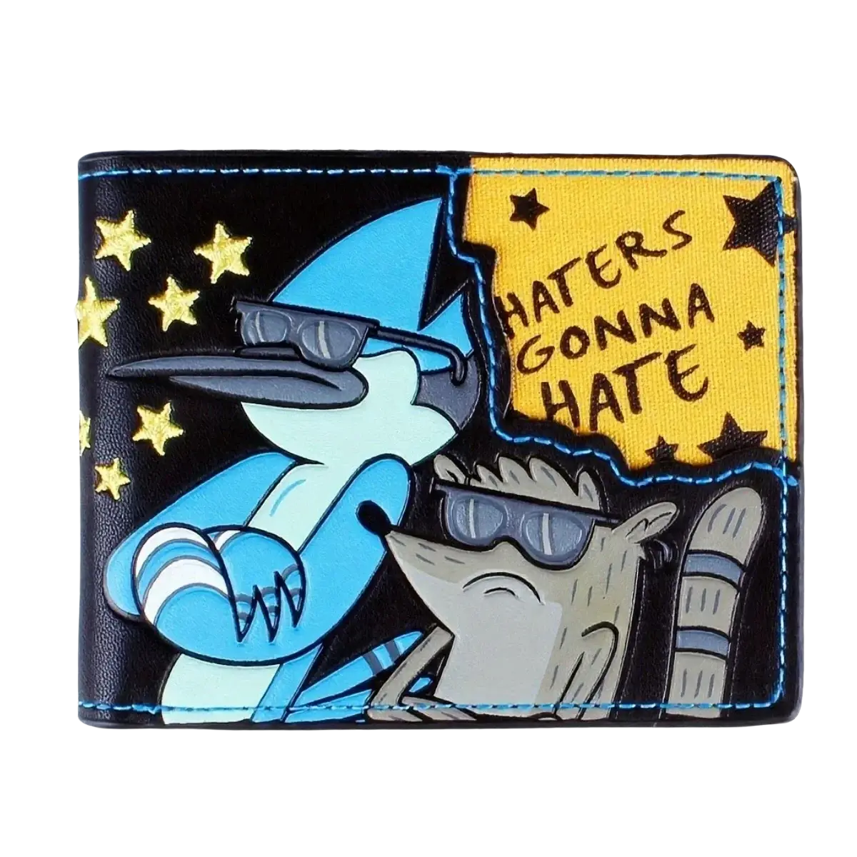 Black leather wallet featuring colorful regular show cartoon characters with sunglasses and a yellow haters gonna hate patch