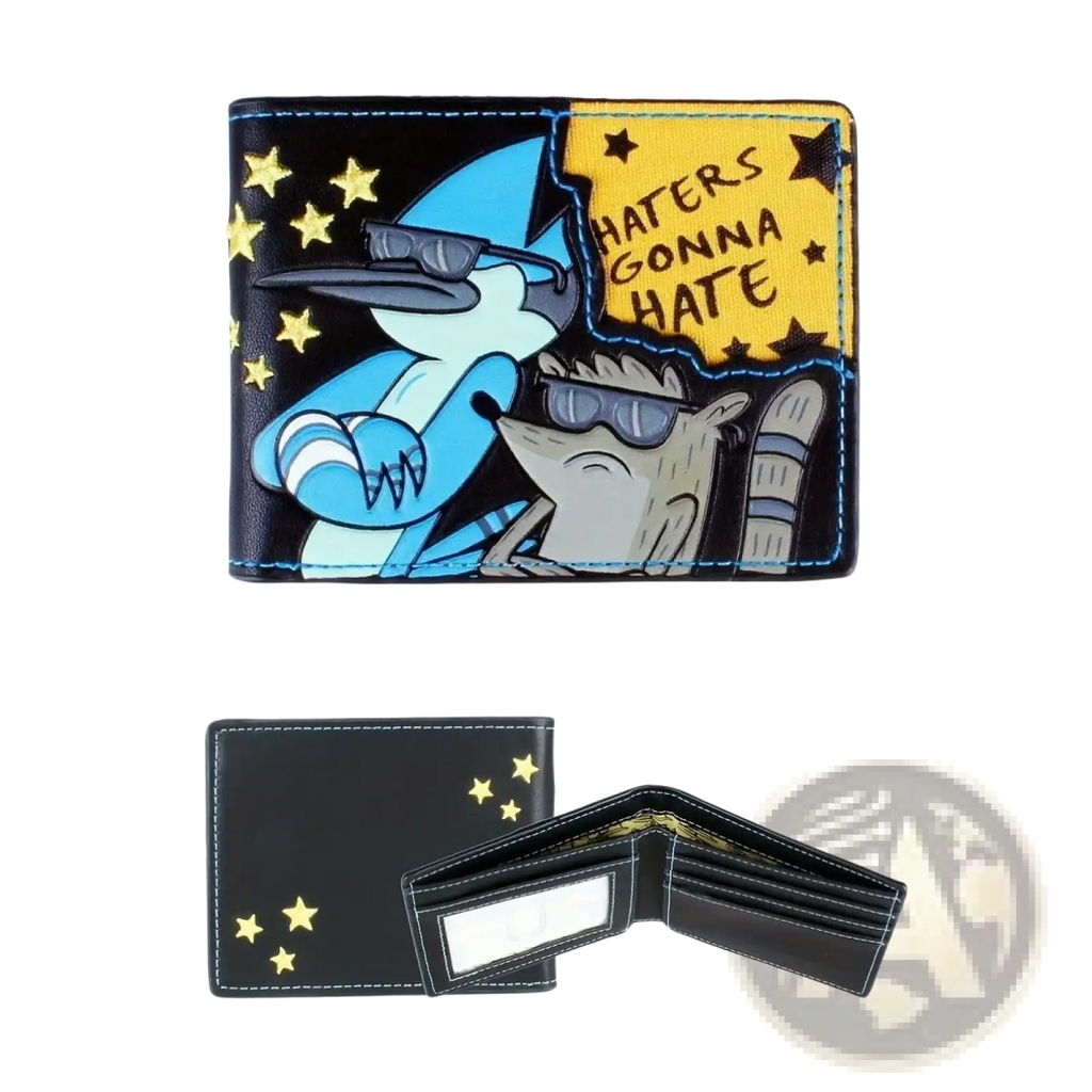 Black leather bi fold wallet featuring regular show characters with haters gonna hate text on yellow background and gold stars